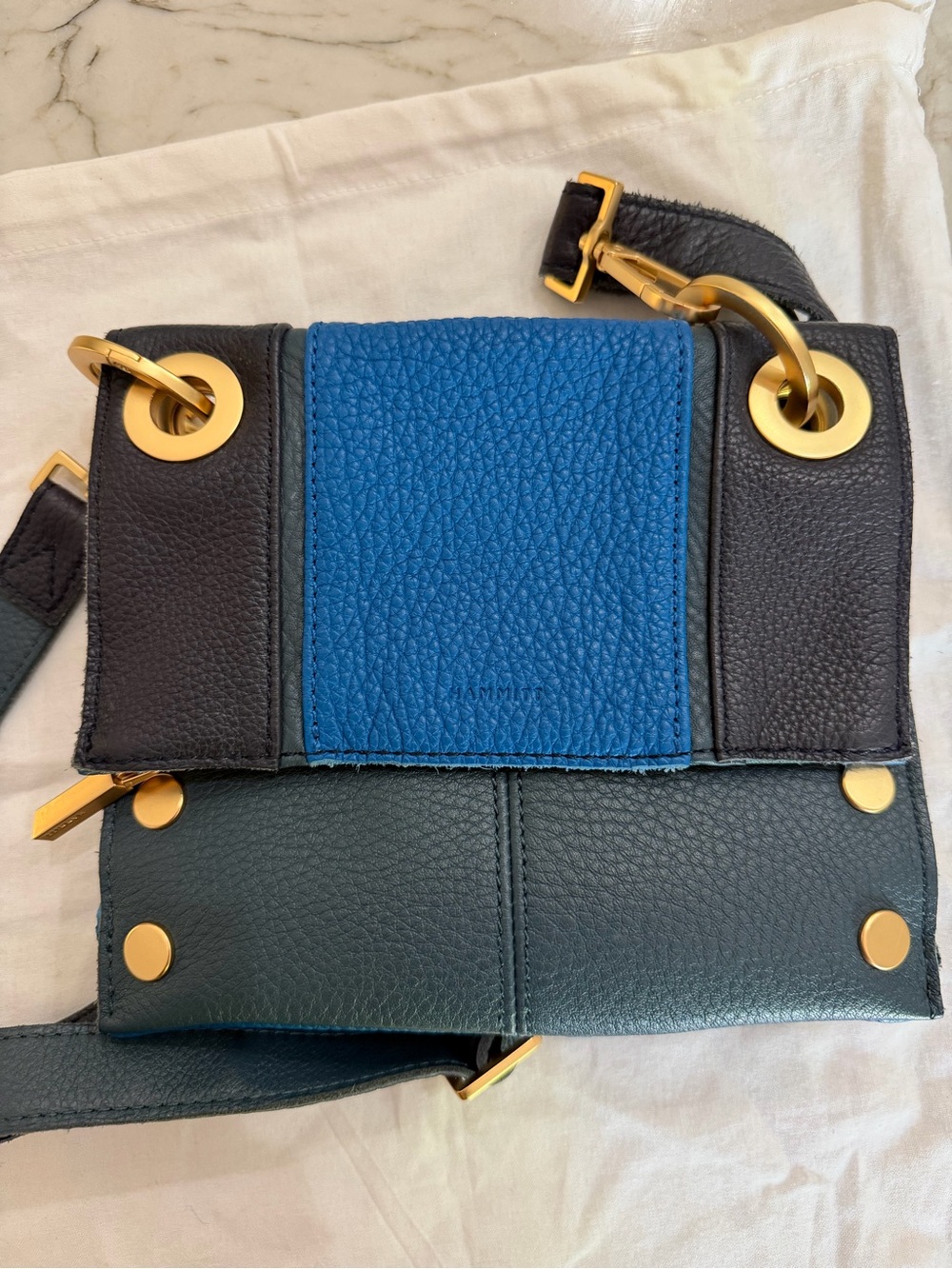 Hammitt Montana Small Toluca Blue Leather Crossbody Bag brushed Gold hardware - Picture 7 of 10